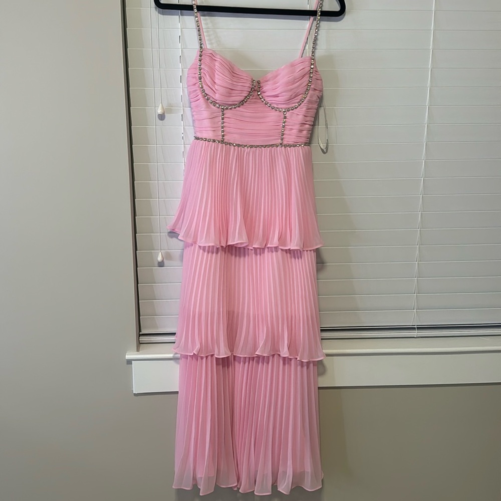 Self-portrait pink chiffon tiered midi dress